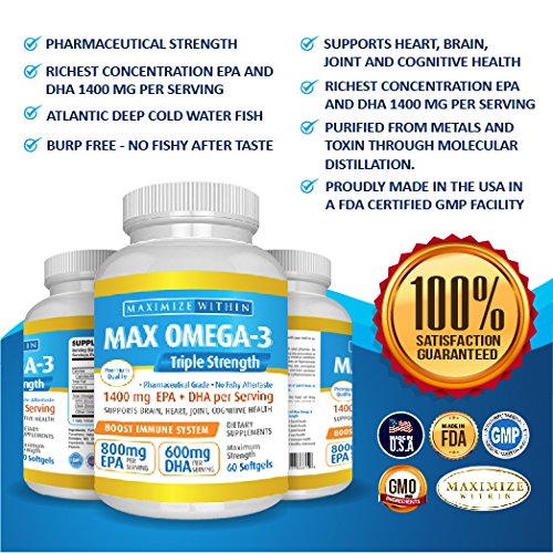 Max Omega 3 Fish Oil Pills - Triple Strength Fish Oil Supplement (2000 mg Total Omega 3 Fatty Acids: 600mg DHA + 800 mg EPA per Serving)