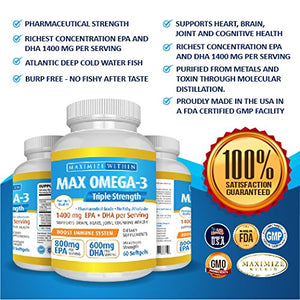 Max Omega 3 Fish Oil Pills - Triple Strength Fish Oil Supplement (2000 mg Total Omega 3 Fatty Acids: 600mg DHA + 800 mg EPA per Serving)