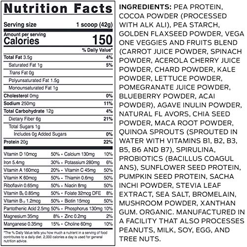 Vega One Organic, Chocolate, Meal Replacement Protein Powder, Vegan, Plant Based, Superfood, Vitamins, Probiotics, Dairy Free, Gluten Free, Pea Protein for Women and Men, 13.2 Ounces (9 Servings)