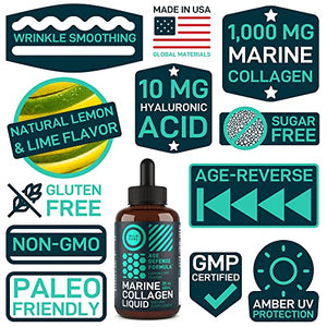 Marine Liquid Collagen Peptides Supplement - 1,000mg Hydrolyzed Marine Collagen Plus 10mg Hyaluronic Acid - Wild Fuel Hair, Skin, Nail, Joint Support - Natural Lemon Lime Flavor - 1-Month, 2 oz