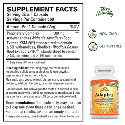 Terry Naturally Adaptra - 60 Capsules - Ashwagandha & Rhodiola Supplement - 60 Servings