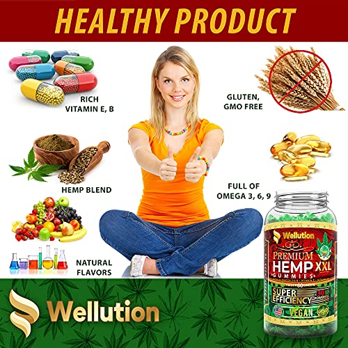 Wellution Hemp Gummies XXL High Potency - Fruity Gummy with Hemp Oil, Natural Hemp Candy Supplements for Soreness, Stress & Inflammation Relief, Promotes Sleep & Calm Mood