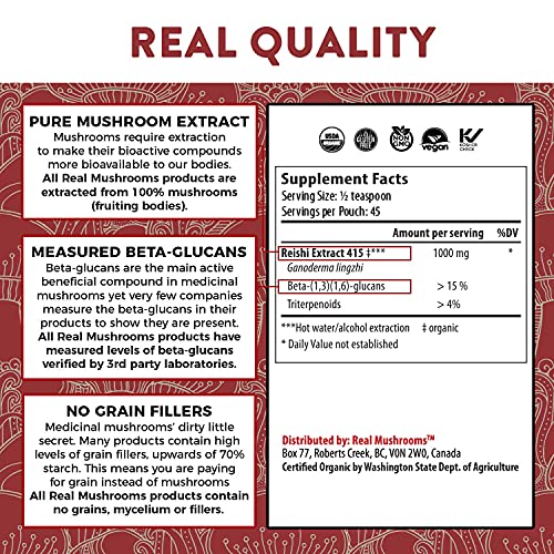 Real Mushroom Reishi Mushroom Powder for Longevity (45 Servings) Vegan, Organic, Non-GMO Reishi Extract, Reishi Mushroom Supplement for Relaxation, Better Sleep, Overall Wellness, Safe for Pets