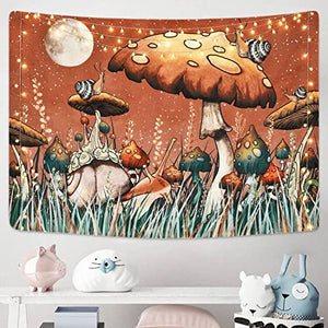 Trippy Mushroom Tapestry Moon and Stars Tapestry Snail Tapestry Plants and Leaves Tapestries Fantasy Fairy Tale Tapestry Wall Hanging for Room(51.2 x 59.1 inches)