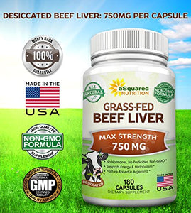 Grass Fed Beef Liver (Desiccated) - 180 Capsules - Argentine Pasture-Raised Beef Liver Pills - 3000mg Supplement Powder Per Serving - Natural Iron, B12, Vitamin A for Energy - Non-GMO