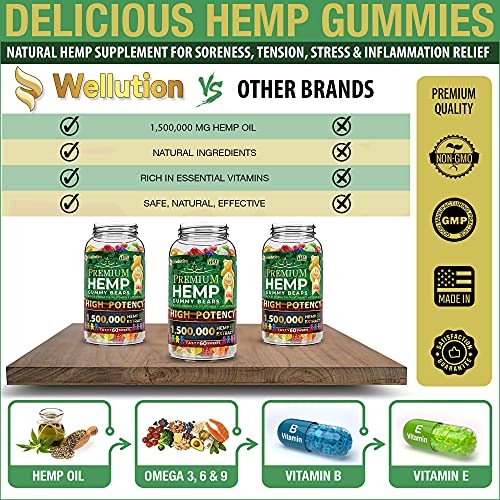 Wellution Hemp Gummies 1,500,000 XXL High Potency - Fruity Gummy Bear with Hemp Oil, Natural Hemp Candy Supplement