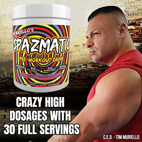 Tim Muriello's Spazmatic Preworkout (Strawberry) - 400mgs Caffeine - 6 Grams Pure Citrulline for Muscle Pumps- Fast Acting Focus - 30 Full Servings - All-In-1-Scoop Formula