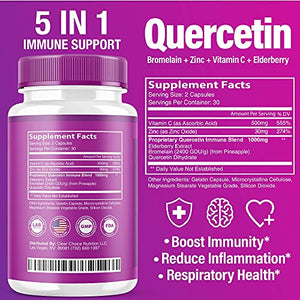 (2 Pack) Quercetin with Bromelain Vitamin C Zinc Elderberry 1000mg Immune System Booster, Lung Support Supplement for Adults Kids - Immunity Defense (120 Capsules)