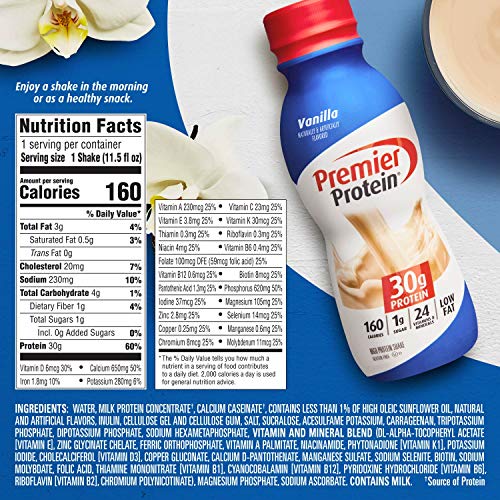 Premier Protein Shake, Vanilla, 30g Protein, 1g Sugar, 24 Vitamins & Minerals, Nutrients to Support Immune Health 11.5 Fl Oz (Pack of 12)