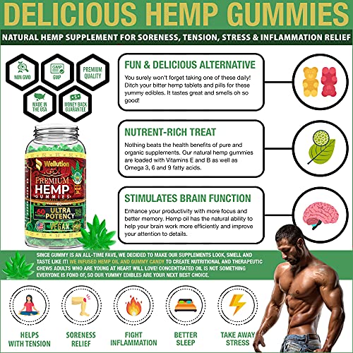 Wellution Vegan Hemp Gummies for Sleep x60 Ultra Potency - Stress Relief - Mood Enhancer & Immune Support - Rich in Vitamins B, E & Omega 3-6-9, Made in USA