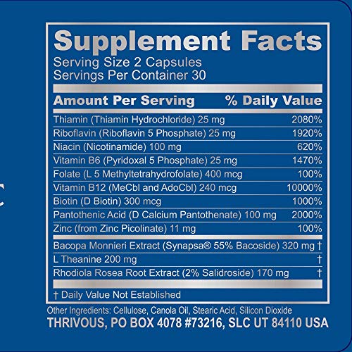 Thrivous Clarity - Enhance Brain Function, Memory, Focus & Mood - Advanced Natural Nootropic Supplement: Synapsa Bacopa Monnieri, L Theanine, Rhodiola Rosea, Vitamin B Complex, Zinc Picolinate
