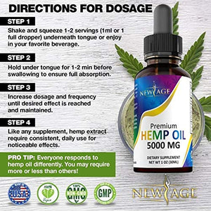 5000mg Hemp Oil Extract for Pain, Anxiety & Stress Relief - 5000mg of Pure Hemp Extract - Grown & Made in USA - 100% Natural Hemp Drops - Helps with Sleep, Skin & Hair.