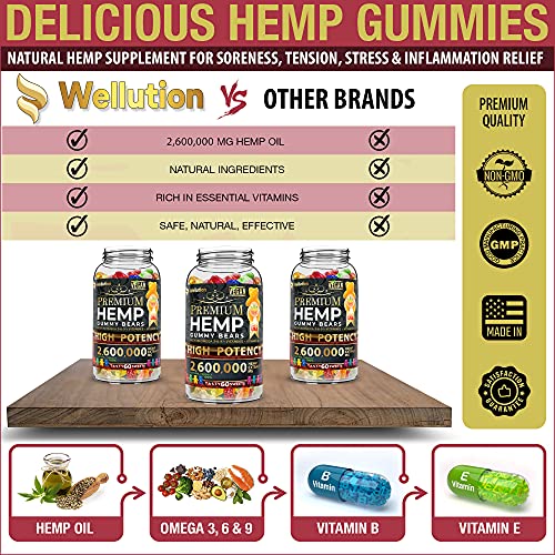 Wellution Hemp Gummies 2,600,000 XL High Potency - Fruity Gummy Bear with Hemp Oil - Natural Hemp Candy Supplements for Soreness, Stress & Inflammation - Promotes Sleep and Calm Mood