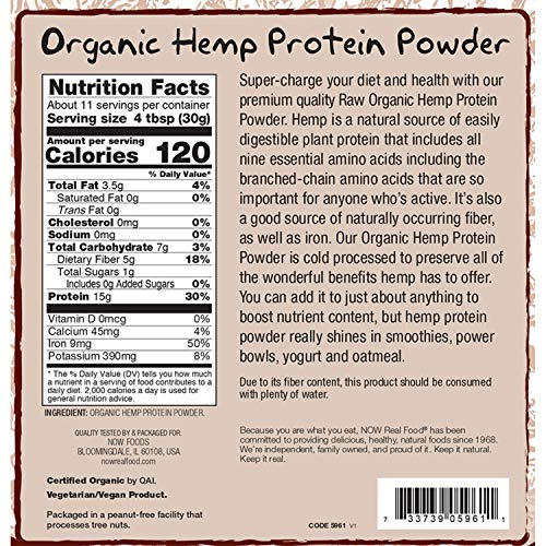 NOW Natural Foods, Certified Organic Hemp Protein Powder, Essential Fatty Acids, Source of Protein, Fiber and Iron, From Raw Hemp Seeds, 12-Ounce (Packaging May Vary)