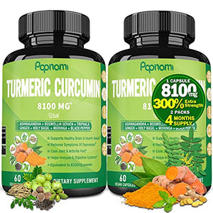 2 Packs Turmeric Curcumin Capsules 8100mg, 4 Months Supply & Ashwagandha, Triphala, Moringa, Boswellia, Ginger, Tulsi, Black Pepper|Joint Supports, Anti Inflammatory|Improves Digestive, Immune System