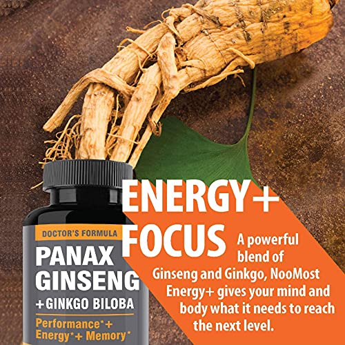 Authentic Korean Red Panax Ginseng + Ginkgo Biloba, 120 Vegan Capsules, Ginseng Root Extract Powder 1000mg (10% Ginsenosides) + Gingko Biloba 60mg, Energy and Focus Pills for Men and Women by NooMost