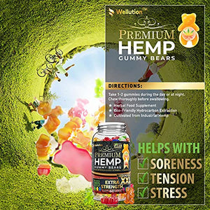 Wellution Hemp Gummies Extra Strength XXL High Potency Vegan - Fruity Gummy Bear with Hemp Oil. Natural Hemp Candy Supplements for Stress & Inflammation. Promotes Sleep & Calm Mood.