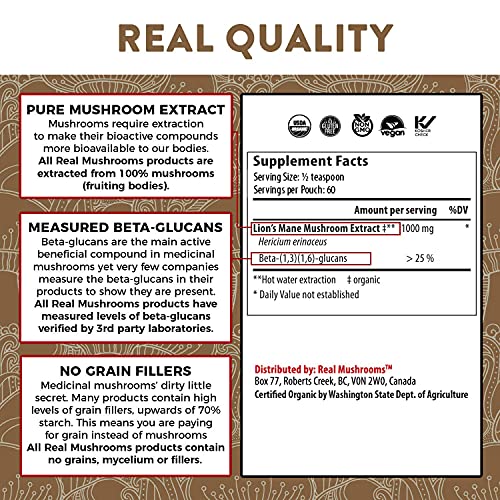 Real Mushrooms Lions Mane Powder (60 Servings) | Vegan, Gluten-Free, Organic Lions Mane Extract | Support Cognitive and Immune Health | Scientifically Verified for Active Compounds