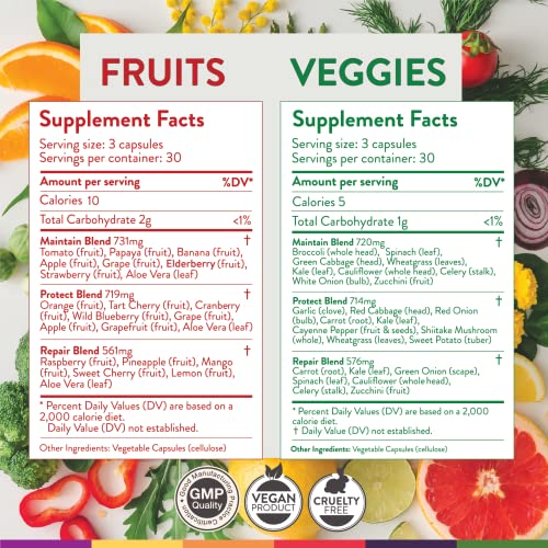 Fruit and Vegetable Supplements - 90 Veggie and 90 Fruit Capsules - Made with Whole Food Superfoods, Packed Vitamins & Minerals - No Fillers or Extracts - Soy Free - by Simply Nature's Promise
