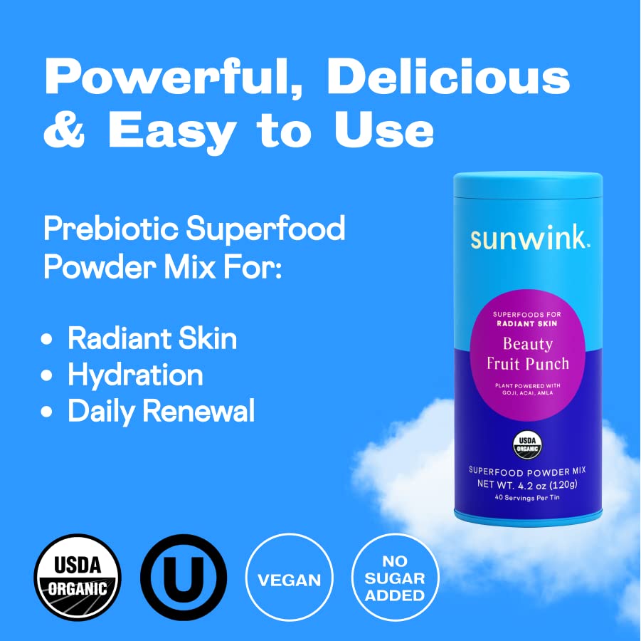 Sunwink Beauty Fruit Punch Organic Superfood Powder Mix Antioxidants for Glowing Radiant Skin, Hydration Support, Plant Based Drink Mix with Acai Berry, Amla, Goji Berry, No Added Sugar (40 Servings)