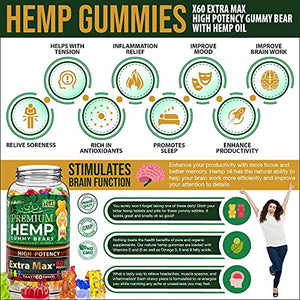 Wellution Hemp Gummies Extra Max x60 High Potency - Fruity Gummy Bear with Hemp Oil. Natural Hemp Candy Supplements for Stress & Inflammation - Promotes Sleep & Calm Mood