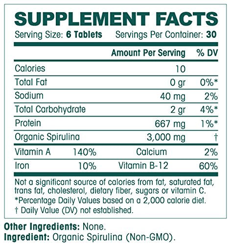 USDA Organic Spirulina Tablets - Non-GMO Green Superfood Supplement: 3000mg of Fresh Blue Green Algae, Vegan, Gluten Free, Sustainably Grown, Pesticides Free and Non-Irradiated, 500mg per Tablet, 180'