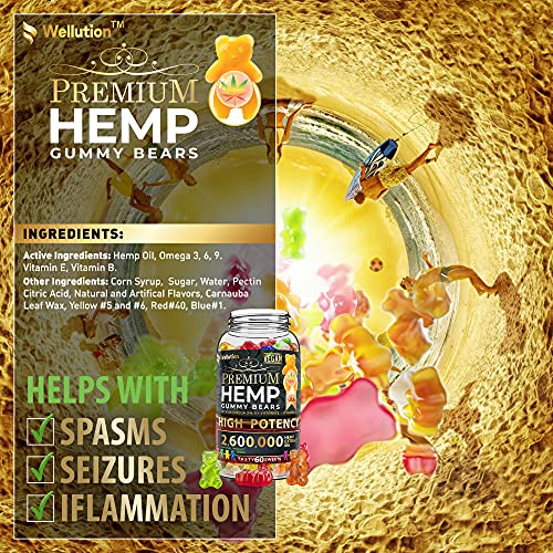 Wellution Hemp Gummies 2,600,000 XL High Potency - Fruity Gummy Bear with Hemp Oil - Natural Hemp Candy Supplements for Soreness, Stress & Inflammation - Promotes Sleep and Calm Mood