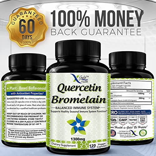 Quercetin 1000mg + Bromelain 300mg per Serving- Quercetin with Bromelain Supplement Complex for Cardiovascular Health, Respiratory System Support, Immune Function & Allergy Support-120 Veggie Capsules