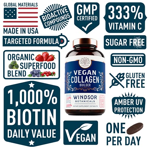 Vegan Collagen Builder Tablets by Windsor Botanicals - Non-GMO, Vegetarian, Plant-Based Supplement - Strengthens Skin, Hair, Nails and Joints - 30 Tablets