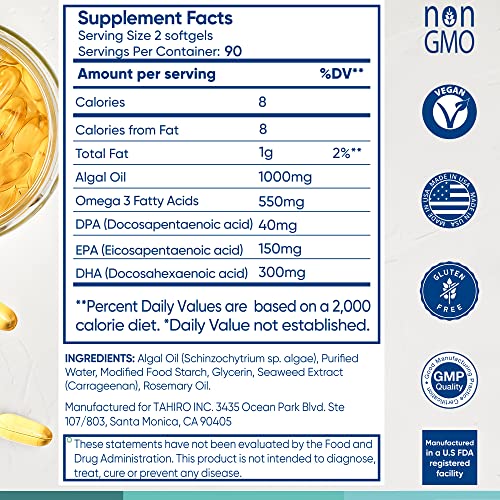 Tahiro Vegan Omega-3 Softgels. Serving Size 1000mg Includes DPA , DHA & EPA Plant Based Supplement. Nutrients for Men, Women, Kids, and Pregnant Women.