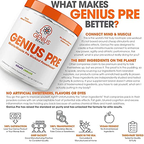 Genius Pre Workout – All Natural Nootropic Preworkout Powder & Caffeine-Free Nitric Oxide Booster with Beta Alanine and Alpha GPC - Focus, Energy and Muscle Building Supplement, Grape Limeade, 338G