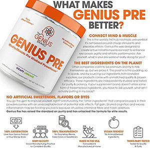 Genius Pre Workout – All Natural Nootropic Preworkout Powder & Caffeine-Free Nitric Oxide Booster with Beta Alanine and Alpha GPC - Focus, Energy and Muscle Building Supplement, Grape Limeade, 338G