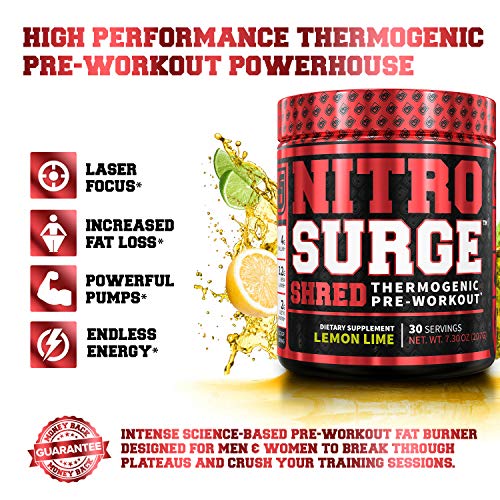 NITROSURGE Shred Pre Workout Supplement - Energy Booster, Instant Strength Gains, Sharp Focus, Powerful Pumps - Nitric Oxide Booster & PreWorkout Powder - 30Sv, Lemon Lime