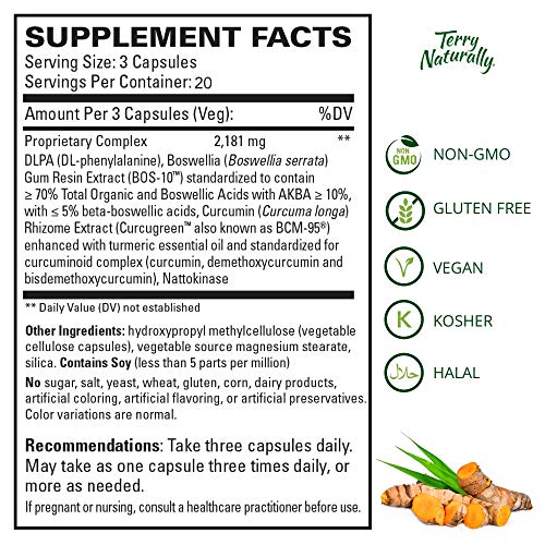 Terry Naturally Curamin - 60 Vegan Capsules - Non-Addictive Pain Relief Supplement with Curcumin from Turmeric, Boswellia & DLPA - Non-GMO, Gluten-Free - 20 Servings