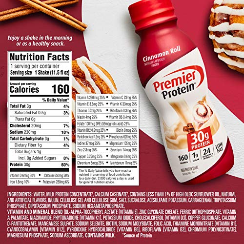 Premier Protein Shake, 30g Protein, 1g Sugar,24 Vitamins&Minerals Nutrients to Support Immune Health, Cinnamon Roll,11.5 fl oz - Pack of 12
