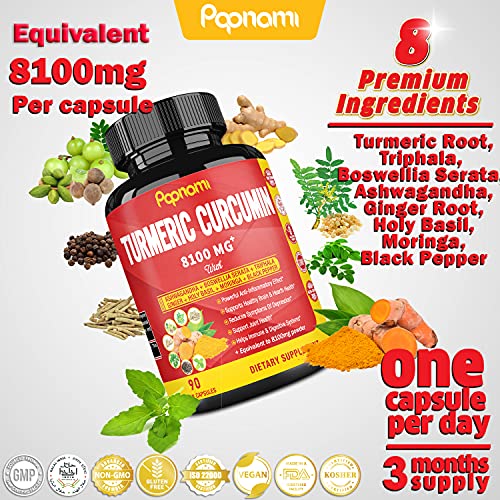 Turmeric Curcumin Extract Capsules 8100mg, 3 Months Supply & Ashwagandha, Triphala, Moringa, Boswellia, Ginger, Tulsi, Black Pepper| Joint Support, Anti Inflammatory| Improve Digestive, Immune System