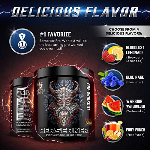 Viking Supps Berserker Pre-Workout, with Creatine, Beta-Alanine, and Caffeine for Energy, Bloodlust Lemonade (Strawberry Lemonade) Flavor, 24 Servings