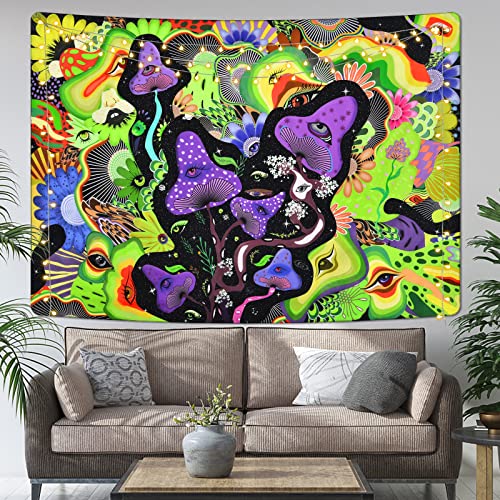 Mushroom Tapestry Psychedelic Eyes Tapestries Trippy Tapestry Colorful Flowers Tapestry Wall Hanging for Room(Purple and Green, 51.2 x 59.1 inches)