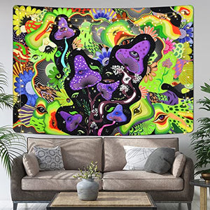 Mushroom Tapestry Psychedelic Eyes Tapestries Trippy Tapestry Colorful Flowers Tapestry Wall Hanging for Room(Purple and Green, 51.2 x 59.1 inches)