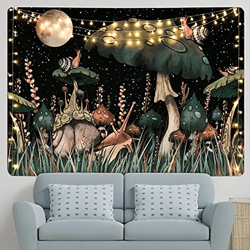 Trippy Mushroom Tapestry Moon and Stars Tapestry Snail Tapestry Fantasy Plants and Leaves Tapestry Wall Hanging for Room(59.1 x 59.1 inches)