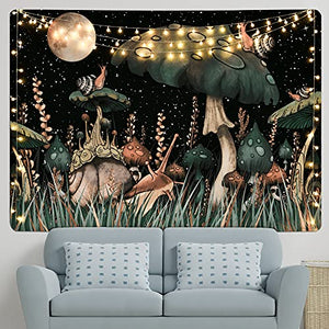 Trippy Mushroom Tapestry Moon and Stars Tapestry Snail Tapestry Fantasy Plants and Leaves Tapestry Wall Hanging for Room(59.1 x 59.1 inches)