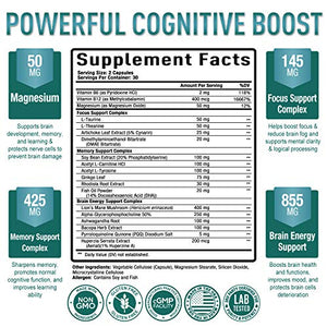 Premium Brain Supplement - Nootropic Brain Booster for Focus, Clarity, Improved Memory, Concentration & Better Mood - Brain Pills w/ Alpha-GPC, Lion’s Mane, Ginkgo Biloba & Bacopa Monnieri - 60 caps