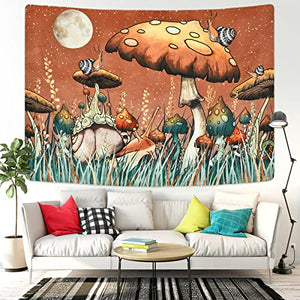 Trippy Mushroom Tapestry Moon and Stars Tapestry Snail Tapestry Plants and Leaves Tapestries Fantasy Fairy Tale Tapestry Wall Hanging for Room(59.1 x 82.7 inches)