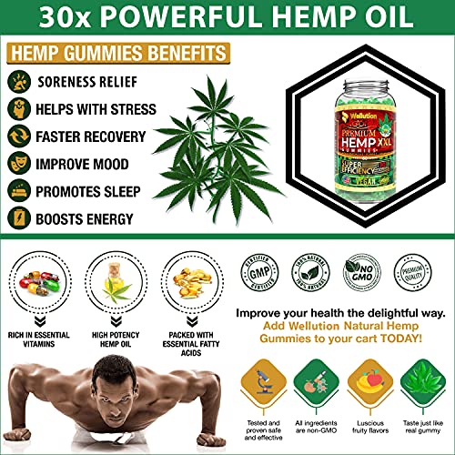 Wellution Hemp Gummies XXL High Potency - Fruity Gummy with Hemp Oil, Natural Hemp Candy Supplements for Soreness, Stress & Inflammation Relief, Promotes Sleep & Calm Mood