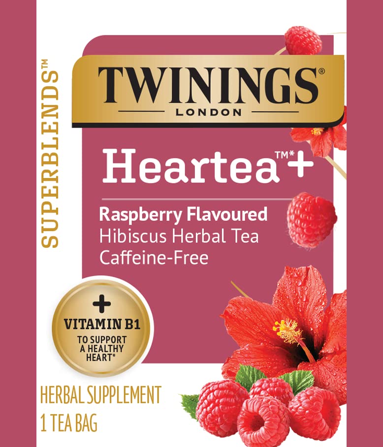 Twinings Superblends Heartea + Vitamin B1, Raspberry Flavoured Hibiscus Herbal Tea, Caffeine-Free, 16 Tea Bags (Pack of 6)