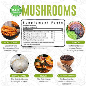 Maju Mental Mushroom Capsules - Mushroom Extract Supplement w/Lion's Mane, Cordyceps, Reishi and Chaga - Boost Your Focus, Energy, Wellness and Immune System - Nootropic Mushrooms Immune Support