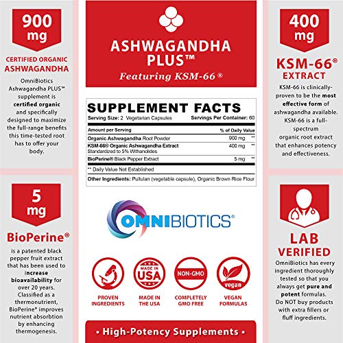 Ashwagandha Organic Capsules Clinical Strength 1300 mg with KSM-66 Ashwagandha Extract - 120 Vegan Capsules - Anxiety Relief, Stress Relief Supplement