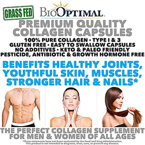 BioOptimal Collagen Pills - Collagen Supplements, 180 Capsules, for Skin, Hair, Nails & Joints, for Women & Men, Grass Fed, Non-GMO, Pasture Raised, Premium Quality