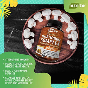 NutriFlair Mushroom Supplement 2600mg - 90 Capsules - 10 Mushrooms - Reishi, Lions Mane, Cordyceps, Chaga, Turkey Tail, Maitake, Shiitake Nootropic Complex - Brain, Energy, Focus