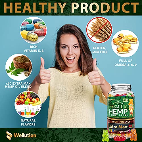 Wellution Hemp Gummies Extra Max x60 High Potency - Fruity Gummy Bear with Hemp Oil. Natural Hemp Candy Supplements for Stress & Inflammation - Promotes Sleep & Calm Mood